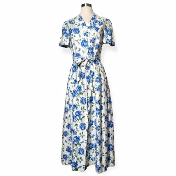 Vintage Dresses & Skirts - SOLD Vintage 50s Handmade Blue Floral Print Midi Maxi Wrap Dress Short Sleeve